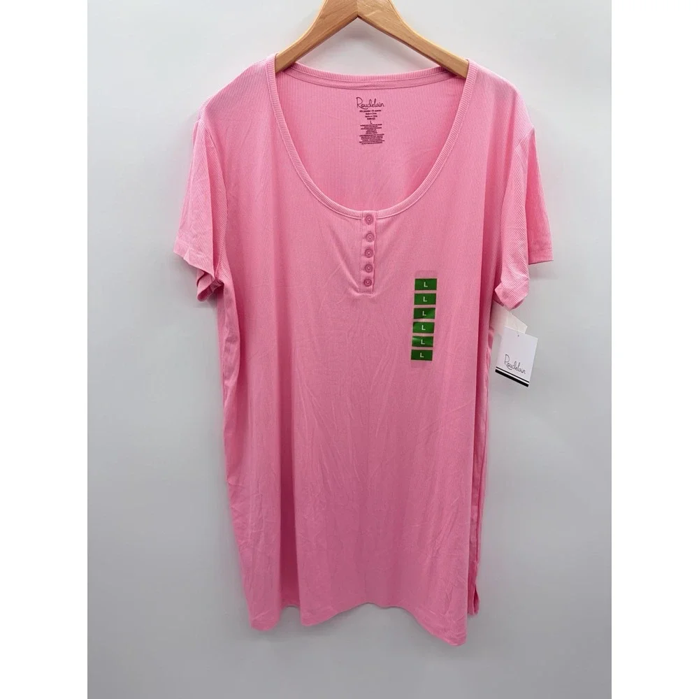 Roudelain Womens Large Short Sleeve Ribbed Henley Sleep Shirt Orchid Pink 895